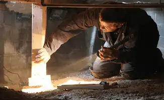 A professional inspecting wooden beams under the floor of a structure in Anaheim, CA